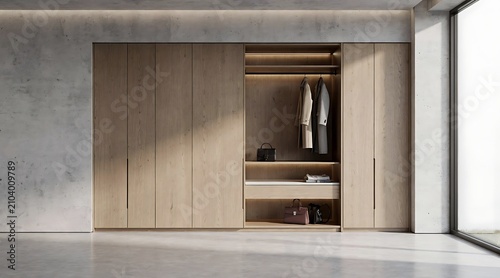 Modern minimalist walk-in closet with natural wood finishes and concrete wall.