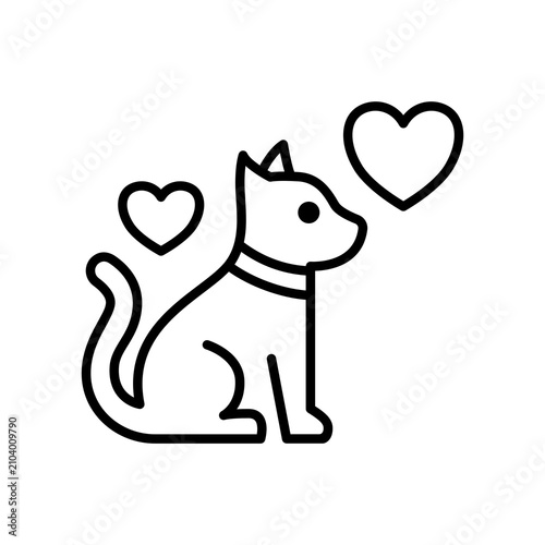 An outline icon of a cute domestic pet (dog/cat) sitting proudly with floating hearts nearby. Represents animal-assisted therapy, the comfort of emotional support animals (ESA), reducing anxiety throu