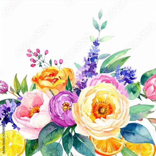 Vibrant Watercolor Floral Bouquet with Peonies Roses and Citrus