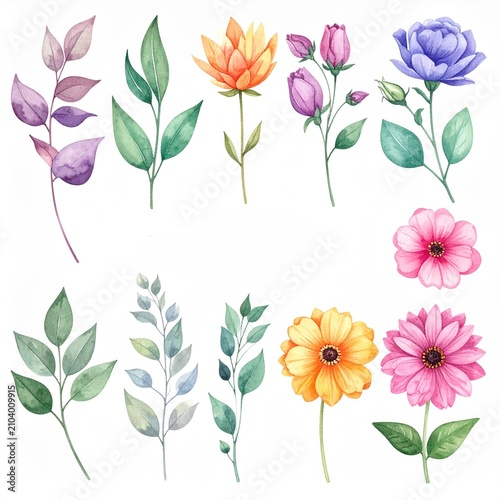 Colorful Watercolor Floral Bouquets and Individual Flowers