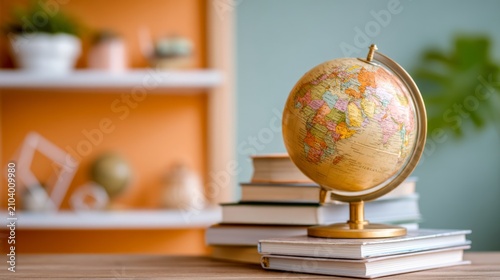 Vintage globe on stack of books with blurred bookshelf background indoors
