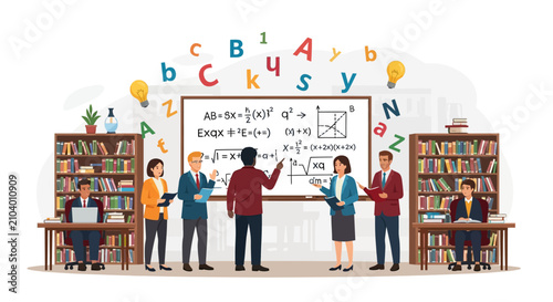 Diverse group of students and teachers in a classroom learning math.
