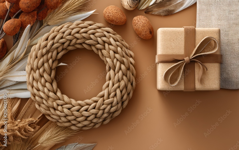 Obraz premium Macrame Wreath with Natural Elements and Gift Box on Flat Lay Background