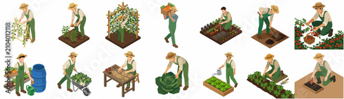 Isometric Set of Farmer Characters Growing Vegetables and Gardening at the Farm