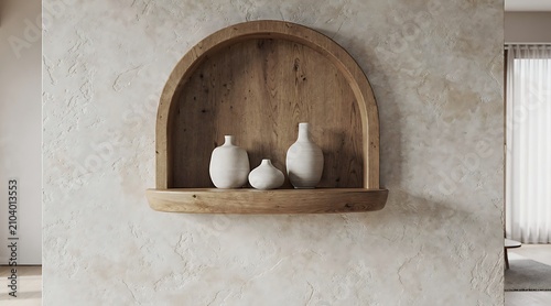 Rustic Wooden Arch Niche Shelf with Decorative Vases on Textured Wall.