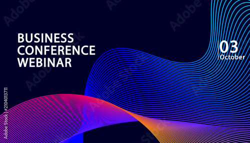 Futuristic neon wave line digital banner created for corporate webinar and business conference. Dark blue tech header layout with abstract glowing fluid design and date section.