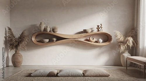 Serene minimalist living room interior with organic wooden shelf and dried plants.