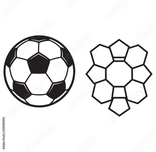 Soccer ball and molecular structure graphic illustrations in black