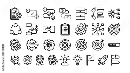 Collection of flat design icons representing workflow process and productivity concepts