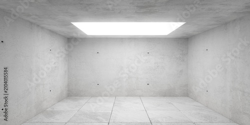 Empty concrete brutalism room with large area ceiling light and tiled floor, modern empty industrial interior background template