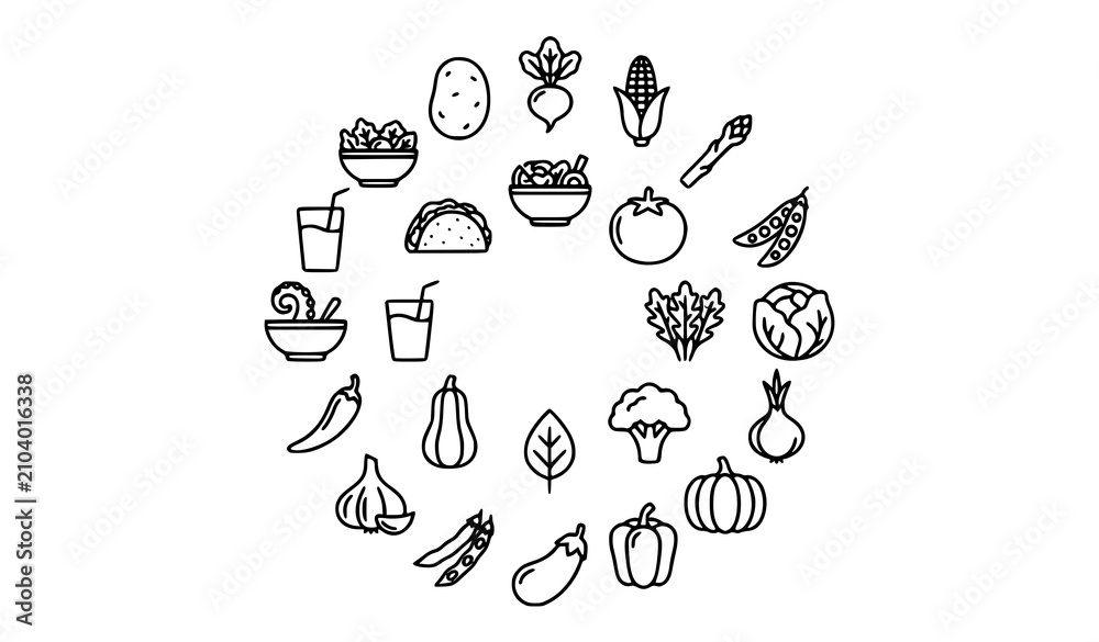 Fototapeta premium Modern Healthy Food Outline Icons Featuring Salad Smoothie Taco Broccoli Corn Pumpkin and Fresh Vegetables Vector