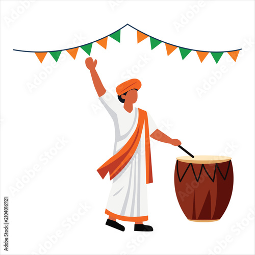 Indian Man Playing Traditional Drum During Festival Celebration with Decorative Flags, Cultural Performance Flat Illustration