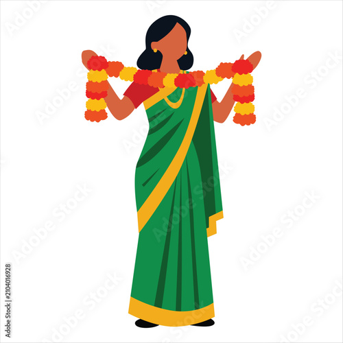 Indian Woman in Traditional Green Saree Holding Marigold Flower Garland for Wedding, Temple Ceremony and Festival Flat Illustration