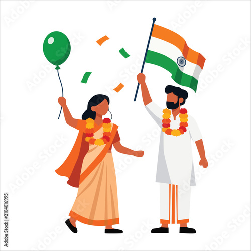 Happy Indian Couple Celebrating National Holiday with Indian Flag, Balloons and Flower Garlands Flat Illustration