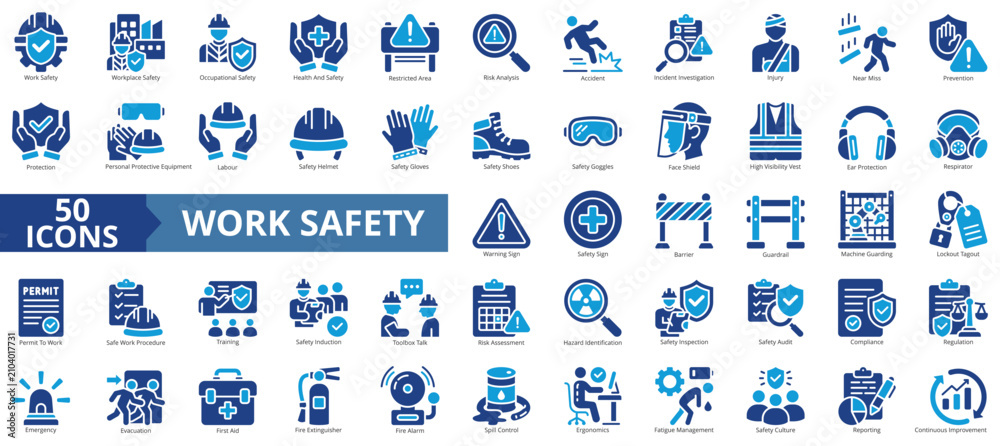 Fototapeta premium work safety icon set contains fatigue management, hazard identification, warning sign, incident investigation, risk assessment, toolbox talk, emergency, audit, compliance, regulation, first aid