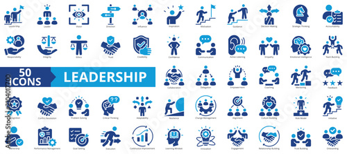 leadership icon set contains execution, continuous improvement, learning, mindset, innovation, engagement, relationship, onboarding, goal setting, culture building, vision, trust building