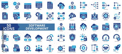 Foto software development icon set contains containerization, coding, programming, so