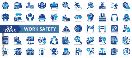 work safety icon set contains fatigue management, hazard identification, warning sign, incident investigation, risk assessment, toolbox talk, emergency, audit, compliance, regulation, first aid