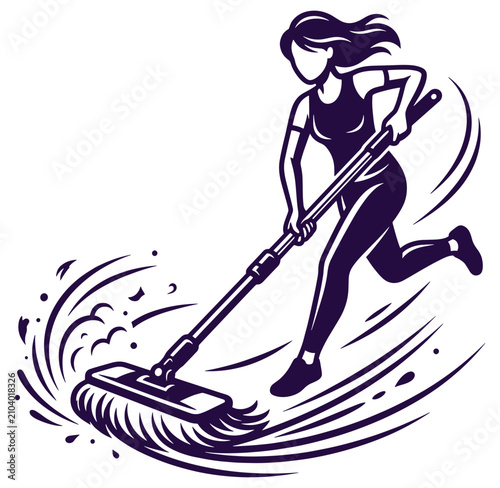 Woman running while holding a mop and cleaning the floor with motion lines around her