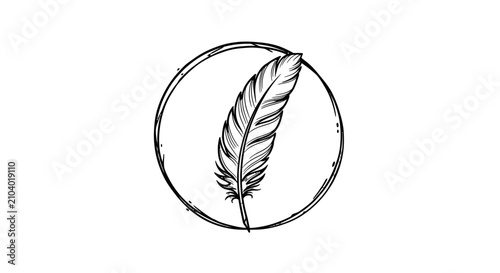 Valokuva Hand-drawn sketch of a detailed feather with intricate barbs and quill, enclosed within a simple circular frame, presented in black and white