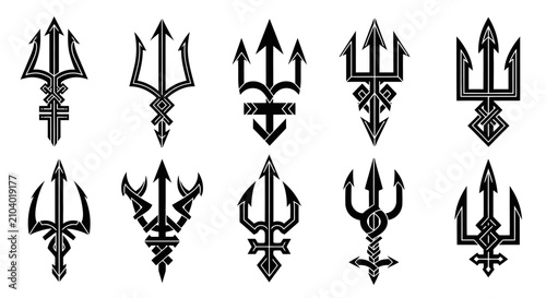 Cuadro en lienzo Ten unique stylized black and white trident designs, featuring various intricate patterns and mythological weapon forms