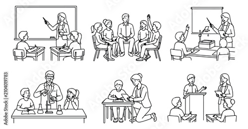 Minimalist school classroom line art vector set, teacher and students learning in various educational scenes, black and white school activity illustrations