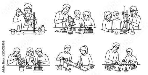 Science education line art vector set, students and teachers in laboratory classroom, 6 school chemistry and physics experiment illustrations