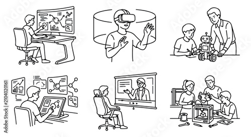 Modern technology and education line art set, 6 vector illustrations of students using VR, robotics, 3D printing, and digital data analysis