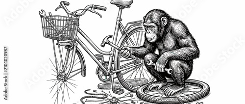 Photography Primate Mechanic Repairs Bicycle with Tools