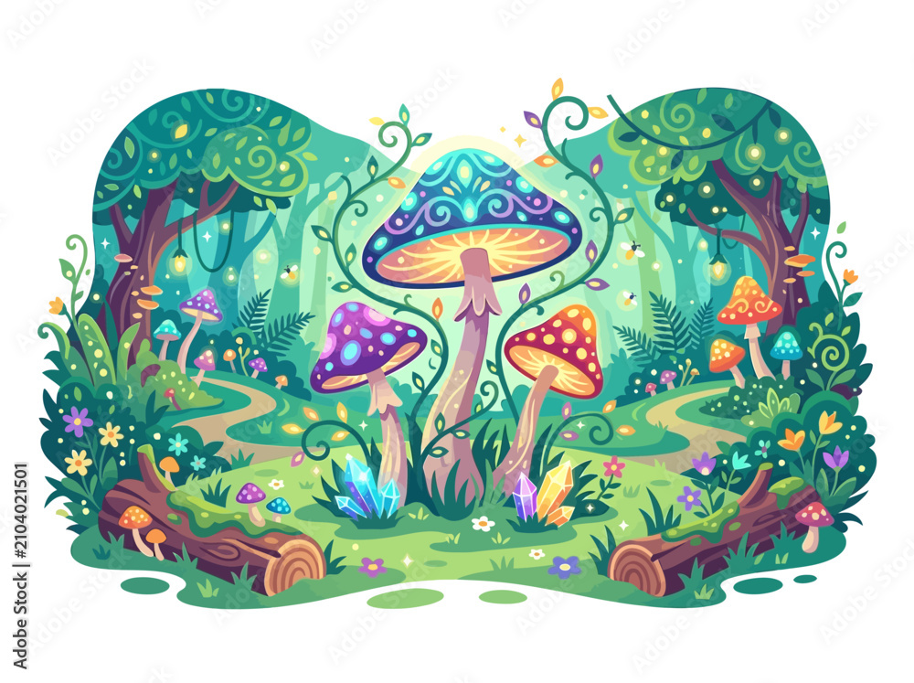 Naklejka premium Enchanted woodland scene with glowing magical mushrooms, winding path, and sparkling crystals, ideal fantasy game background artwork.