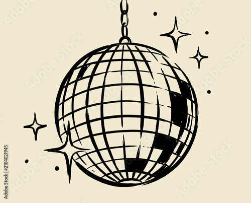 Foto Disco ball sketch, mirror ball, party illustration, hand drawn disco, retro 70s