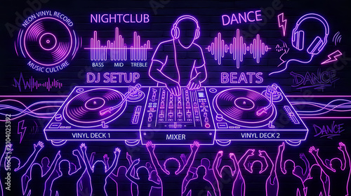 Neon dj silhouette at mixing console in nightclub with dancing crowd silhouette