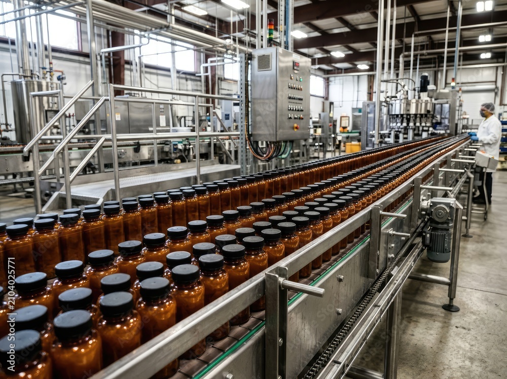 Fototapeta premium Bottles of beverage moving on a conveyor belt in a modern production facility