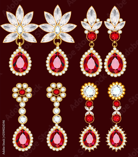 Bild auf Leinwand A set of elegant gold earrings with rubies and diamonds