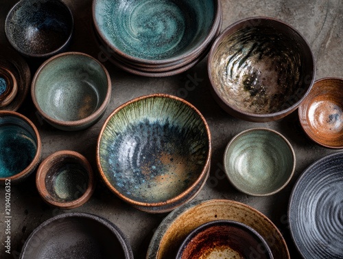 A top-down studio shot of a collection of handcrafted artisan ceramic bowls and plates with various textured glazes arranged on a dark, rustic concrete background.