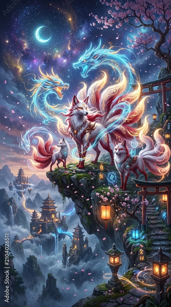 Fototapeta premium Nine-Tailed Kitsune Fox Clan Guarding Mystical Mountain Temple with Celestial Dragons Under Crescent Moon