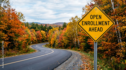 Open enrollment ahead road sign in autumn forest scenery