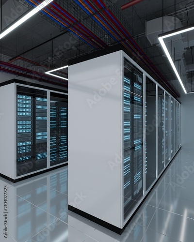Photography 3d digital model Futuristic rows of network server cabinets in a clean tech facility