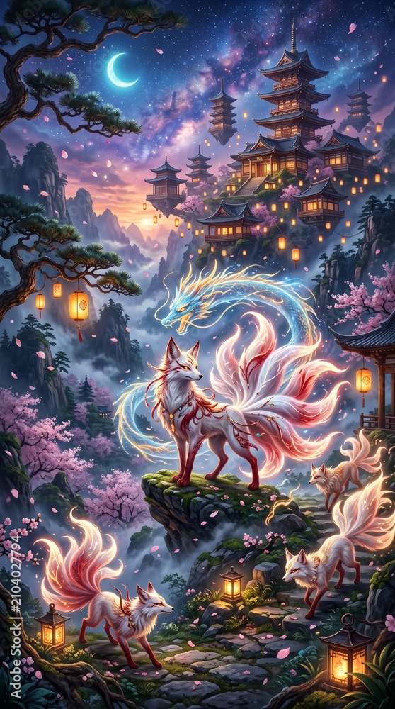 Fototapeta premium Mystical Nine-Tailed Fox Spirit Amidst Enchanted Japanese Pagodas and Blooming Cherry Blossoms Under a Crescent Moon