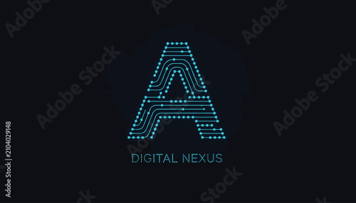 High-tech letter a design composed of glowing cyan digital network lines and connection dots on a dark background.