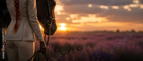 Beautiful young redhead woman jockey with horse in lavender field at golden sunset, equestrian sport and luxury countryside lifestyle concept with copy space