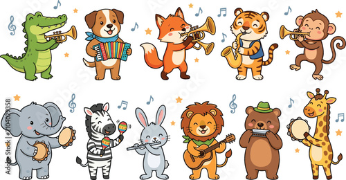 Photography Cute Cartoon Animal Musician Character Set Featuring Zoo and Safari Mascot Anima