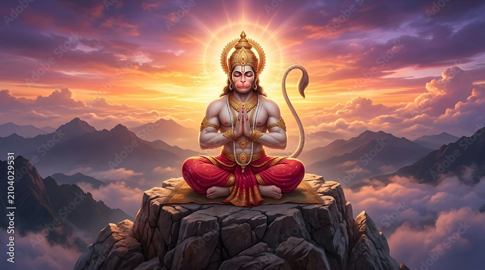 Fototapeta premium Divine Hanuman Meditating on Mountain Peak at Sunrise