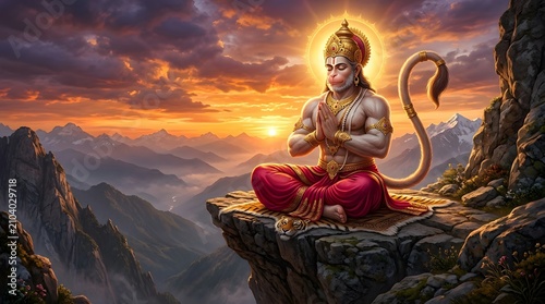 Hanuman meditating on mountain peak during vibrant sunset