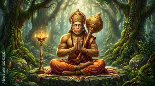 Hanuman deity meditating in a mystical forest setting with serene ambiance