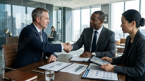 Diverse business professionals shaking hands in modern office meeting, agreement, teamwork