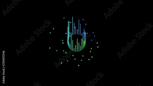Dynamic digital equalizer visualization with vibrant blue and green lines moving on a dark background representing data flow and sound waves a modern abstract technology