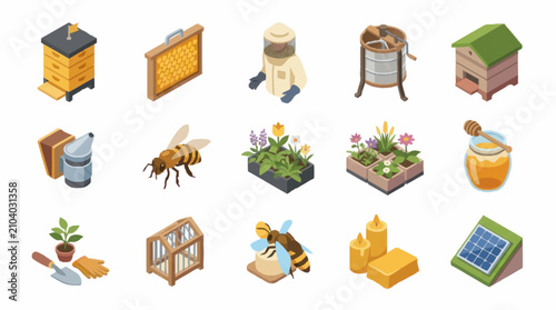 Bild auf Leinwand Colorful flat lay illustration of beekeeping and honey production