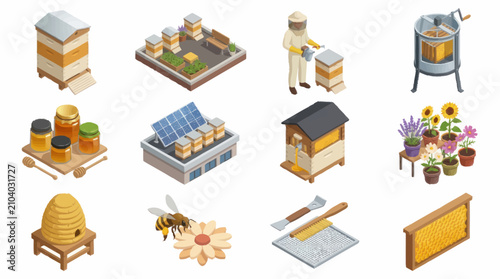 Bilde på lerret Colorful flat lay illustration of beekeeping and honey production