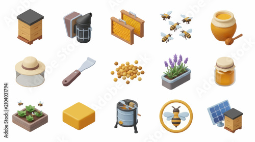 Schilderij op canvas Colorful flat lay of beekeeping and honey production items.